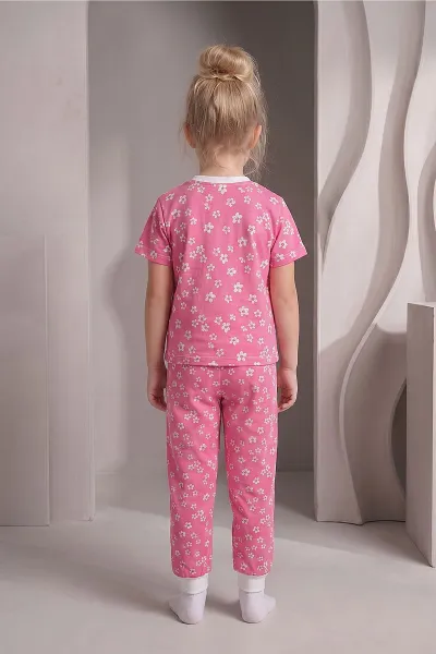 Pembe (3-12 Yaş)Küçük Çiçek Desenli Kısa Kol Kız Çocuk Pijama Takımı 461462