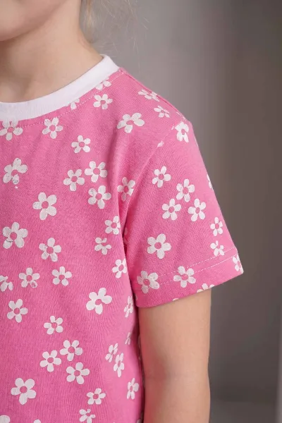 Pembe (3-12 Yaş)Küçük Çiçek Desenli Kısa Kol Kız Çocuk Pijama Takımı 461462