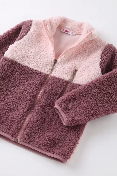 Pembe (3-12 Yaş)Parça Desenli Fermuarlı Polar Kuzu Hırka 484855