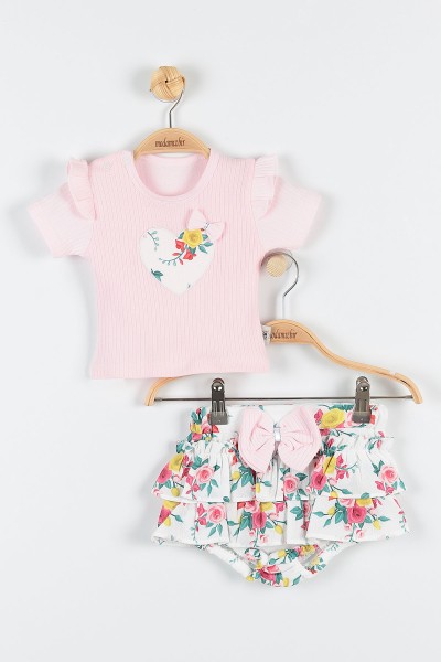 Pembe (3-15 Ay) Fiyonklu Çiçek Baskılı Kalp Nakışlı Kız Bebe Takım 173394