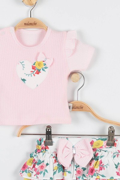 Pembe (3-15 Ay) Fiyonklu Çiçek Baskılı Kalp Nakışlı Kız Bebe Takım 173394