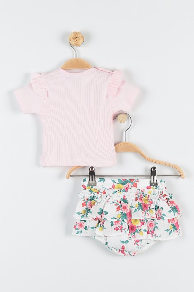 Pembe (3-15 Ay) Fiyonklu Çiçek Baskılı Kalp Nakışlı Kız Bebe Takım 173394