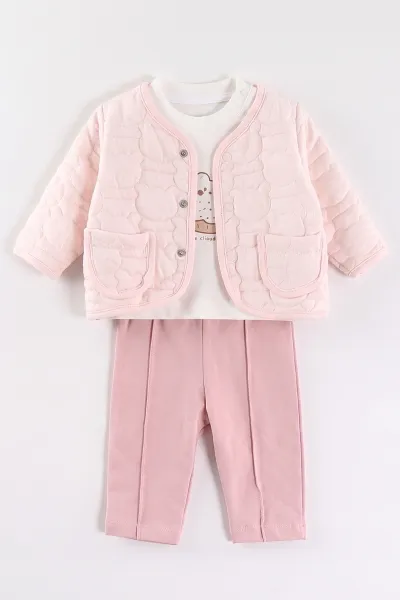 Pembe (3-18 Ay) Ayıcıklı Kapitone Ceketli  Kız Bebek 3'lü Takım 486596
