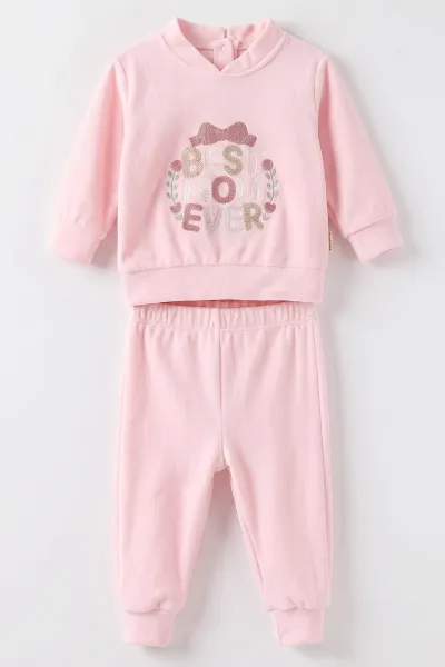 Pembe (3-18 Ay) Best Mom Ever Nakışlı Kadife Kız Bebek Takım 487632