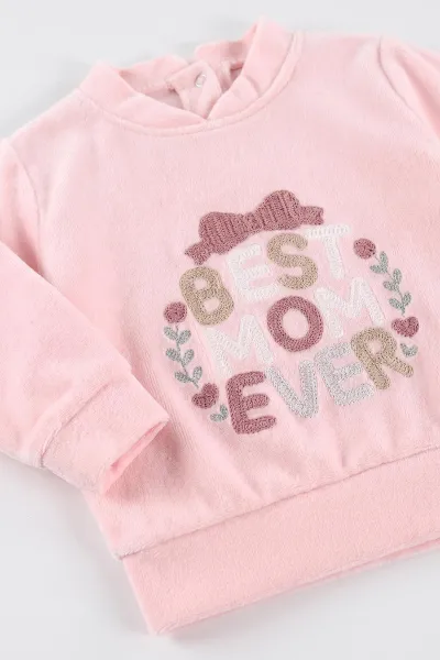 Pembe (3-18 Ay) Best Mom Ever Nakışlı Kadife Kız Bebek Takım 487632