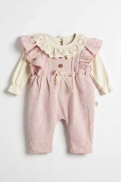 Pembe (3-18 Ay) Çiçek Düğmeli Koldan Fırfırlı Düğmeli Badi Detaylı Kız Bebek Slopet 477042