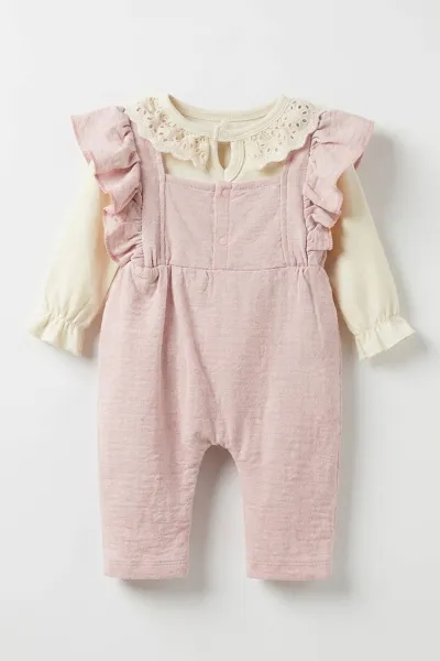Pembe (3-18 Ay) Çiçek Düğmeli Koldan Fırfırlı Düğmeli Badi Detaylı Kız Bebek Slopet 477042