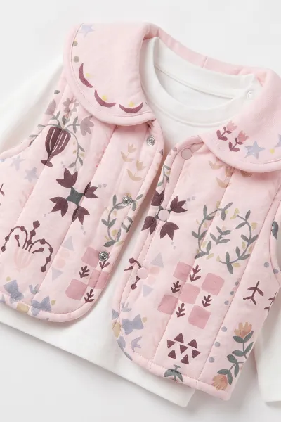 Pembe (3-18 Ay) Etnik Desen Yelekli Kız Bebek 3'lü Takım 486586