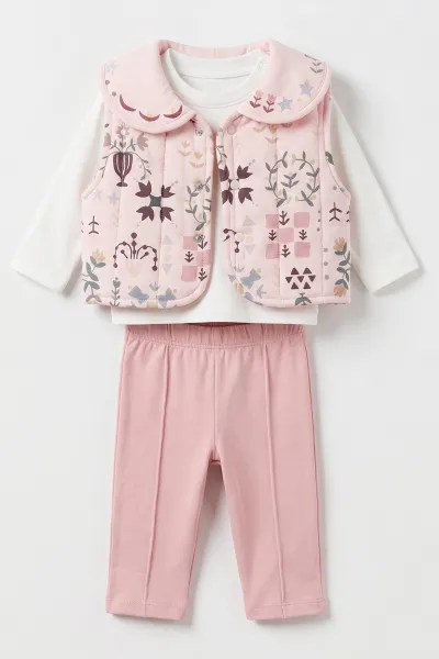 Pembe (3-18 Ay) Etnik Desen Yelekli Kız Bebek 3'lü Takım 486586