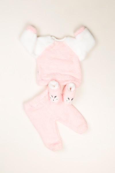 Pembe (3-18 Ay) Geyik Baskılı Patili Peluş Kız Çocuk Takım 81836