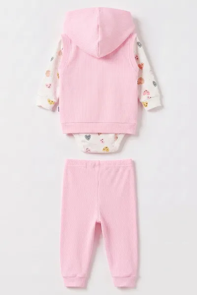 Pembe (3-18 Ay)  Kalp Baskılı Nakışlı Kapüşonlu Zıbınlı Kız Bebek 3'lü Takım 480155