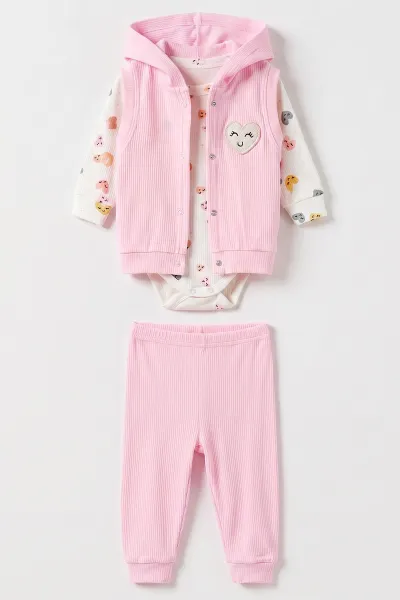 Pembe (3-18 Ay)  Kalp Baskılı Nakışlı Kapüşonlu Zıbınlı Kız Bebek 3'lü Takım 480155