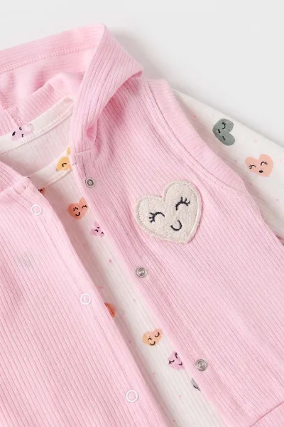 Pembe (3-18 Ay)  Kalp Baskılı Nakışlı Kapüşonlu Zıbınlı Kız Bebek 3'lü Takım 480155