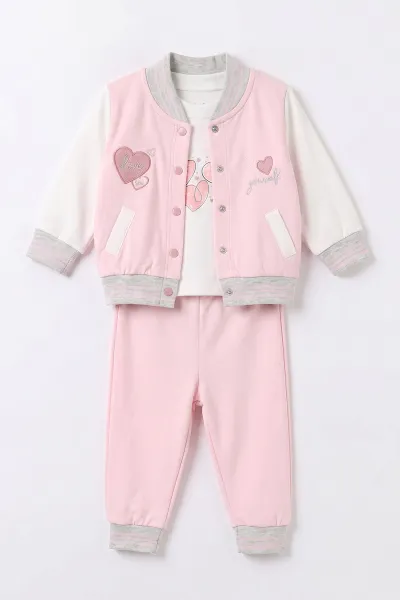 Pembe (3-18 Ay) Kalp Nakışlı 2 İp Kız Bebek 3'lü Takım 497911