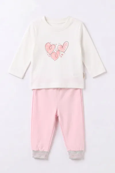 Pembe (3-18 Ay) Kalp Nakışlı 2 İp Kız Bebek 3'lü Takım 497911