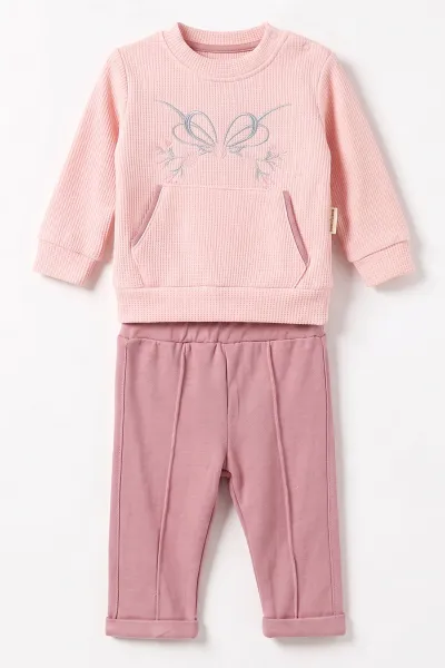 Pembe (3-18 Ay) Kanguru Cepli Nakışlı Waffle  Kız Bebek Takım 487641