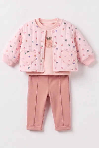Pembe (3-18 Ay) Kapitone Ceketli  Kız Bebek 3'lü Takım 486591