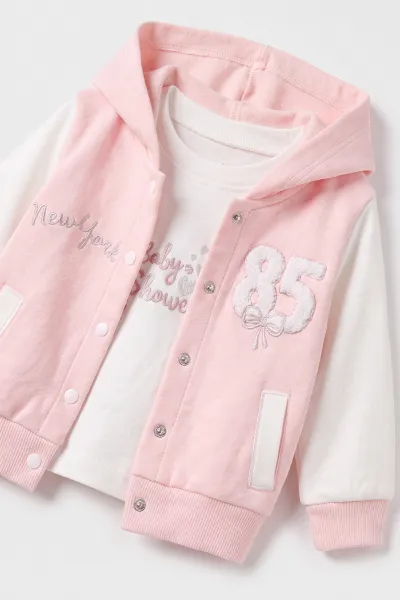 Pembe (3-18 Ay) Kapüşonlu 85 Nakışlı Hırkalı Kız Bebek 3'lü Takım 487518