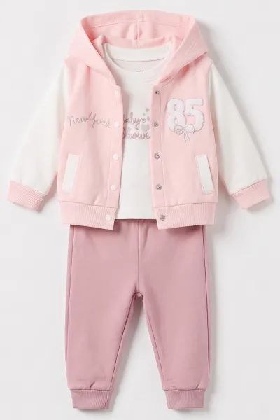 Pembe (3-18 Ay) Kapüşonlu 85 Nakışlı Hırkalı Kız Bebek 3'lü Takım 487518