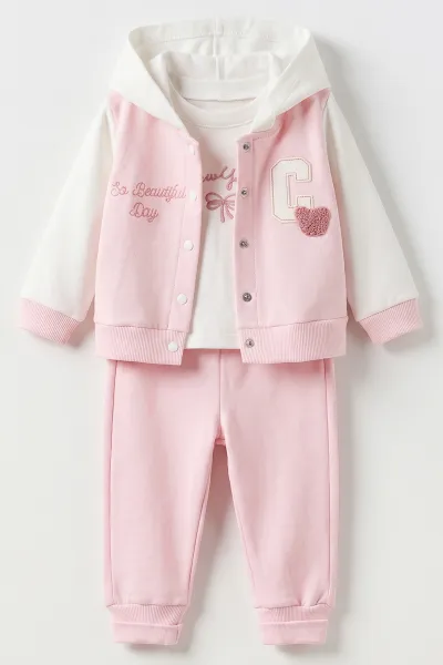 Pembe (3-18 Ay) Kapüşonlu C Nakışlı Hırkalı Kız Bebek 3'lü Takım 487520