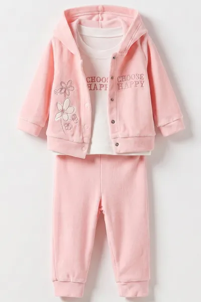 Pembe (3-18 Ay) Kapüşonlu  Nakışlı Hırkalı Kadife  Kız Bebek 3'lü Takım 487523