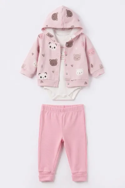 Pembe (3-18 Ay) Kapüşonlu Panda Baskılı  Hırkalı  Çıtçıtlı Zıbınlı  Kız Bebek 3'lü Takım 487548