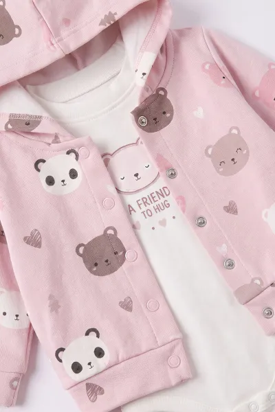 Pembe (3-18 Ay) Kapüşonlu Panda Baskılı  Hırkalı  Çıtçıtlı Zıbınlı  Kız Bebek 3'lü Takım 487548