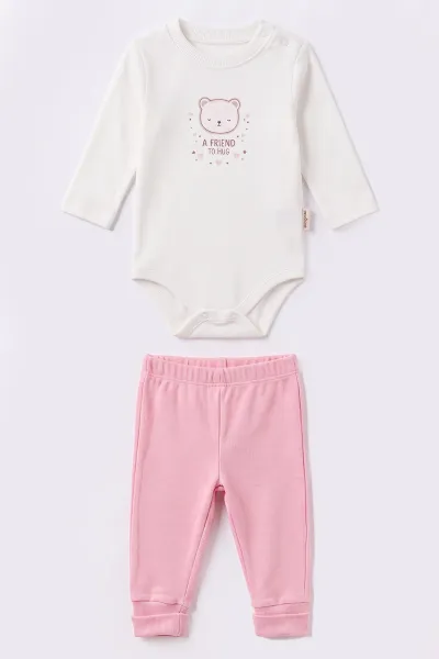 Pembe (3-18 Ay) Kapüşonlu Panda Baskılı  Hırkalı  Çıtçıtlı Zıbınlı  Kız Bebek 3'lü Takım 487548