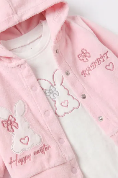 Pembe (3-18 Ay) Kapüşonlu Rabbit  Nakışlı Hırkalı  Çıtçıtlı Zıbınlı Kadife  Kız Bebek 3'lü Takım 487527