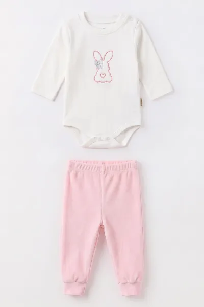 Pembe (3-18 Ay) Kapüşonlu Rabbit  Nakışlı Hırkalı  Çıtçıtlı Zıbınlı Kadife  Kız Bebek 3'lü Takım 487527