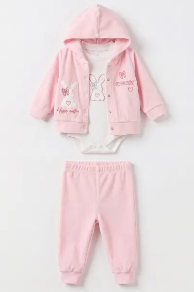 Pembe (3-18 Ay) Kapüşonlu Rabbit  Nakışlı Hırkalı  Çıtçıtlı Zıbınlı Kadife  Kız Bebek 3'lü Takım 487527