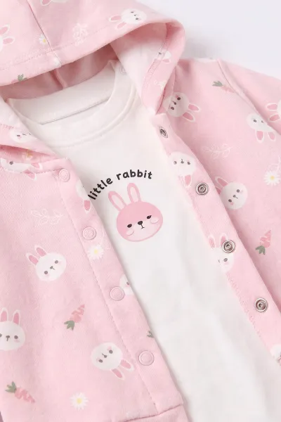 Pembe (3-18 Ay) Kapüşonlu Tavşan Baskılı  Hırkalı  Çıtçıtlı Zıbınlı  Kız Bebek 3'lü Takım 487539