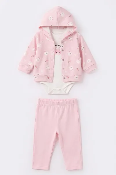 Pembe (3-18 Ay) Kapüşonlu Tavşan Baskılı  Hırkalı  Çıtçıtlı Zıbınlı  Kız Bebek 3'lü Takım 487539