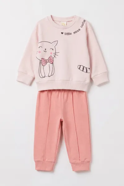 Pembe (3-18 Ay) Kedi Baskılı   Alt Çimalı  Kız Bebek 2'li Takım 477558