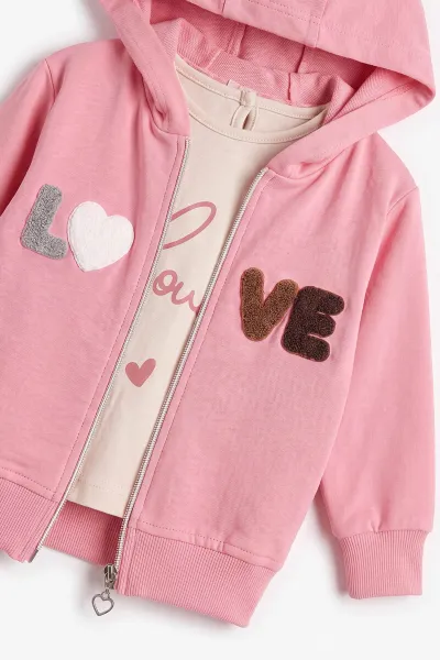 Pembe (3-18 Ay) Love Nakışlı 3'lü Kapüşonlu Kız Bebek Takım 475897