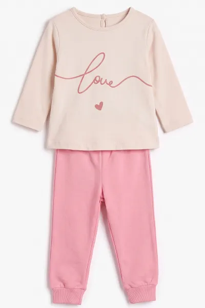 Pembe (3-18 Ay) Love Nakışlı 3'lü Kapüşonlu Kız Bebek Takım 475897