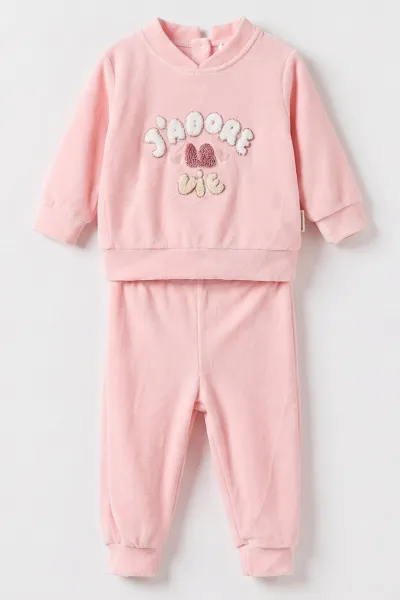 Pembe (3-18 Ay) Nakışlı Kadife Kız Bebek Takım 487636
