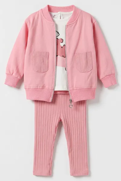 Pembe (3-18 Ay) Raporlu Hırkalı Cepli 3'lü Kız Bebek Takım 476159