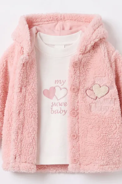 Pembe (3-18 Ay ) Süzene Nakışlı Penye Wellsoft Şardonlu Alt 3'lü Erkek Bebek Takım 492505