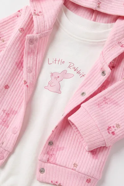 Pembe (3-18 Ay) Tavşan Baskılı Kapüşonlu Hırkalı Çıtçıtlı Zıbınlı  Kız Bebek 3'lü Takım 487063