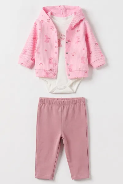 Pembe (3-18 Ay) Tavşan Baskılı Kapüşonlu Hırkalı Çıtçıtlı Zıbınlı  Kız Bebek 3'lü Takım 487063