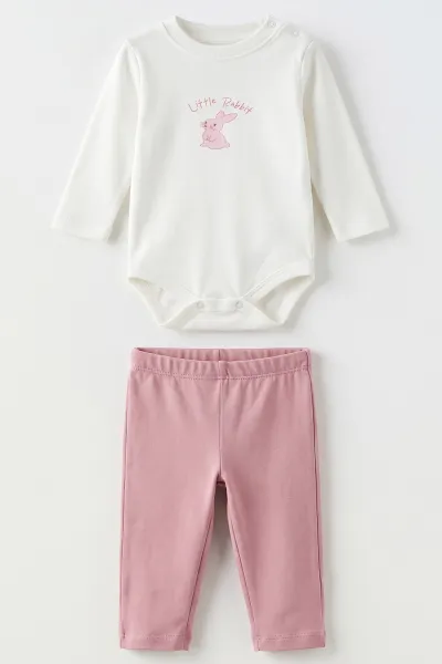 Pembe (3-18 Ay) Tavşan Baskılı Kapüşonlu Hırkalı Çıtçıtlı Zıbınlı  Kız Bebek 3'lü Takım 487063