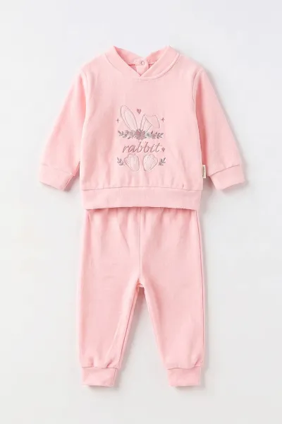 Pembe (3-18 Ay) Tavşan Nakışlı Kadife Kız Bebek 2'li Takım 497946