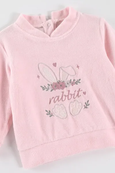 Pembe (3-18 Ay) Tavşan Nakışlı Kadife Kız Bebek 2'li Takım 497946