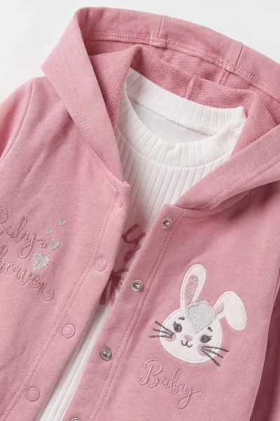 Pembe (3-18 Ay) Tavşan Nakışlı Kapüşonlu Hırkalı Çıtçıtlı Zıbınlı  Kız Bebek 3'lü Takım 487067
