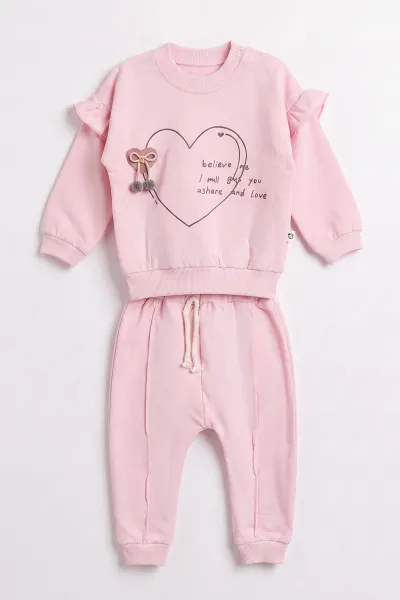 Pembe (3-24 Ay) Kalp Baskılı Kol Fırfırlı 2 İp Kız Bebek Mevsimlik Takım 482188