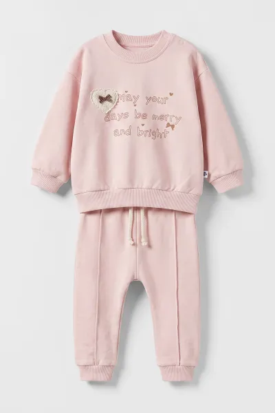 Pembe (3-24 Ay) Kalp Nakışlı Alt Çimalı Kız Bebek Takım 480589