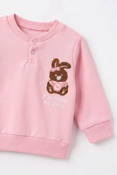 Pembe (3-24 Ay) Süzene Tavşan Nakışlı Yaka Çıtlı 3 İp Şardonlu Kız Bebek Kışlık Takım 495556