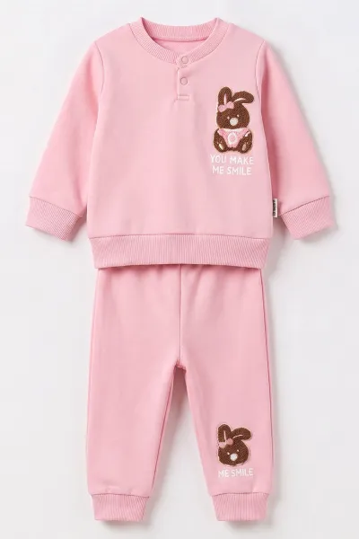 Pembe (3-24 Ay) Süzene Tavşan Nakışlı Yaka Çıtlı 3 İp Şardonlu Kız Bebek Kışlık Takım 495556