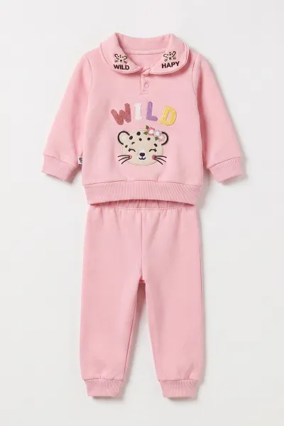Pembe (3-24 Ay) Wild  Nakışlı Yakası Patlı  3 İp Şardonlu Kız Bebek Kışlık Takım 486779